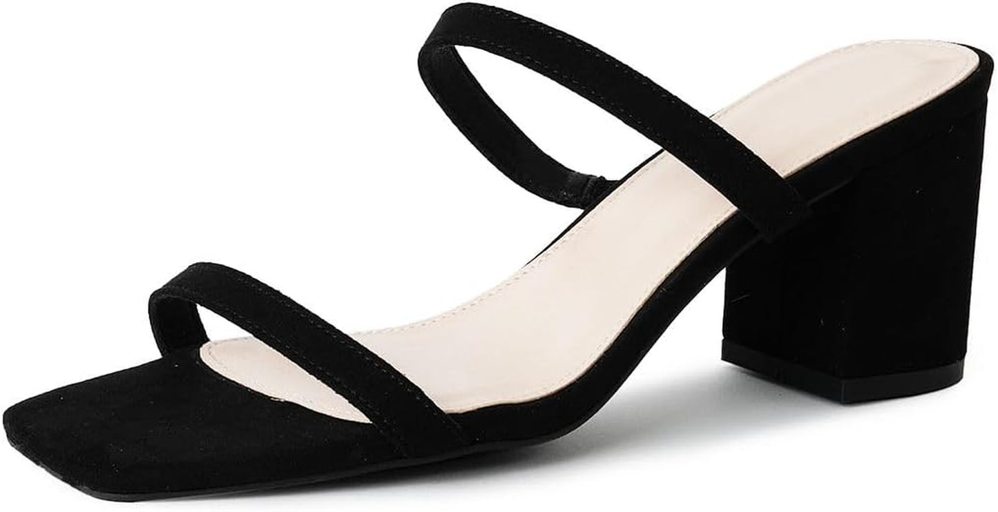Stormi Women’s Dressy Summer Heeled Sandals – Square Toe, Double Band, Low Block Heel Chunky Mules