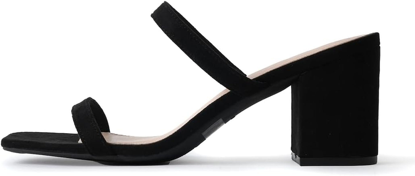 Stormi Women’s Dressy Summer Heeled Sandals – Square Toe, Double Band, Low Block Heel Chunky Mules