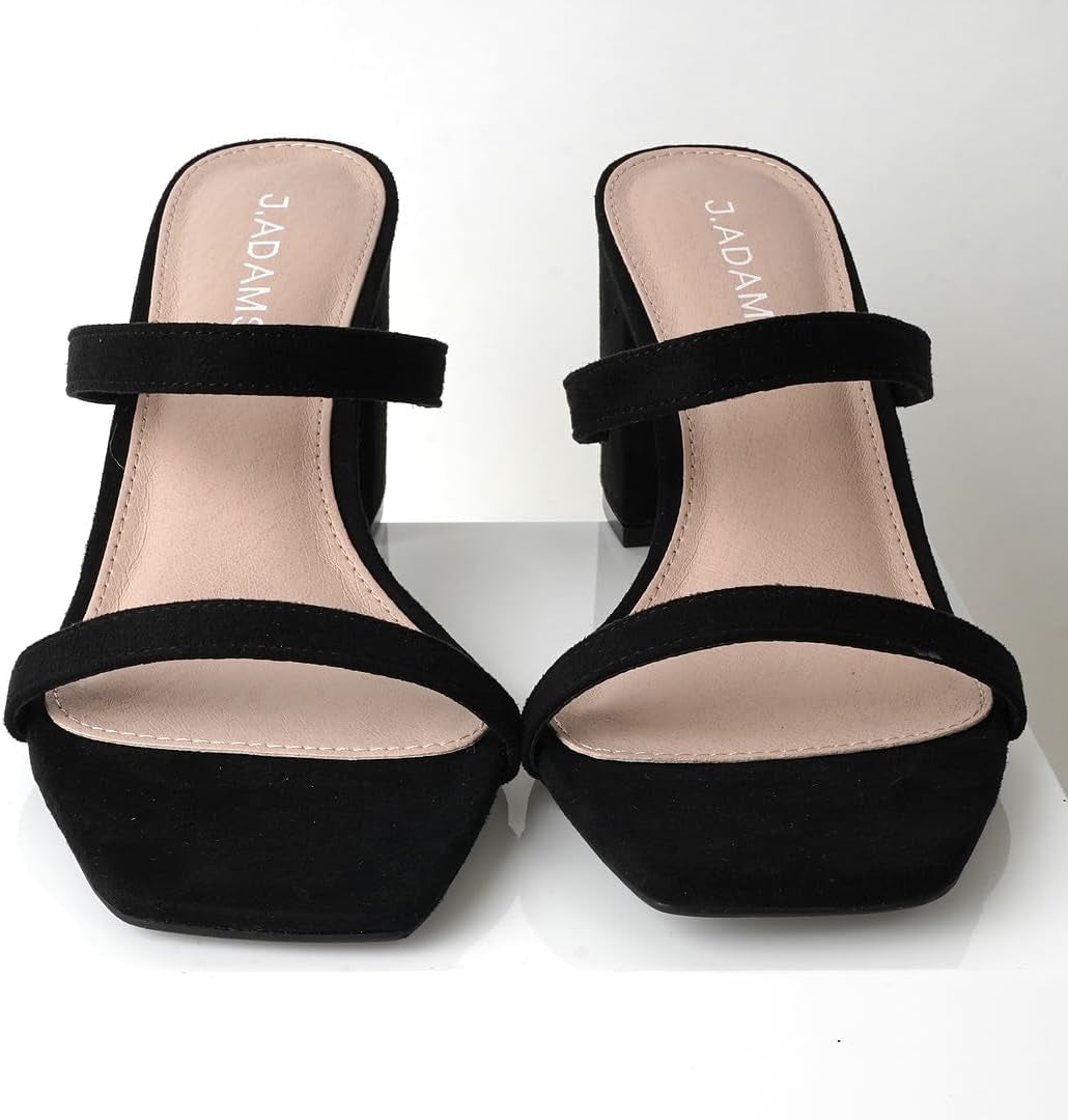 Stormi Women’s Dressy Summer Heeled Sandals – Square Toe, Double Band, Low Block Heel Chunky Mules